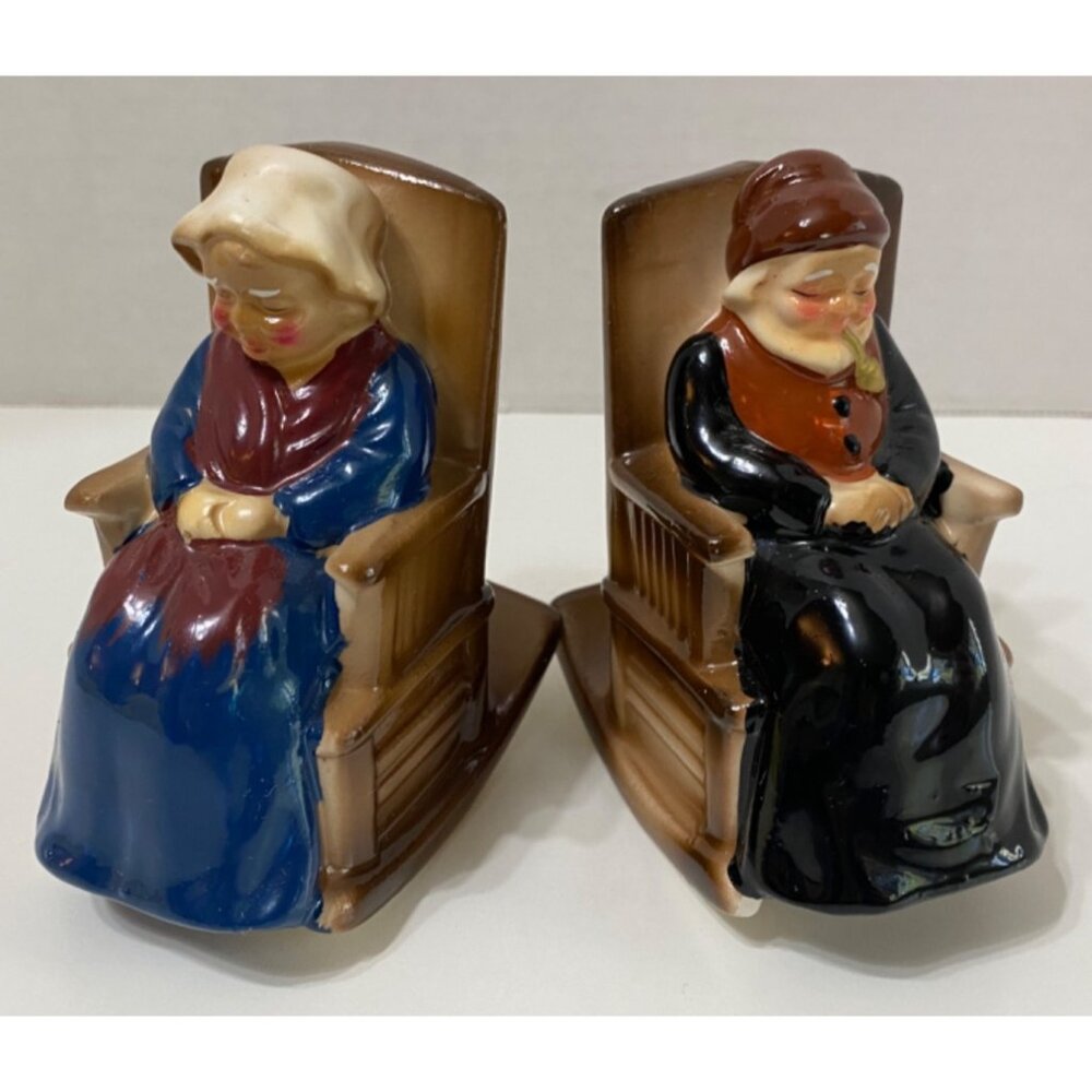 Vintage Ceramic Old Couple Salt & Pepper Shakers In Rocking Chairs